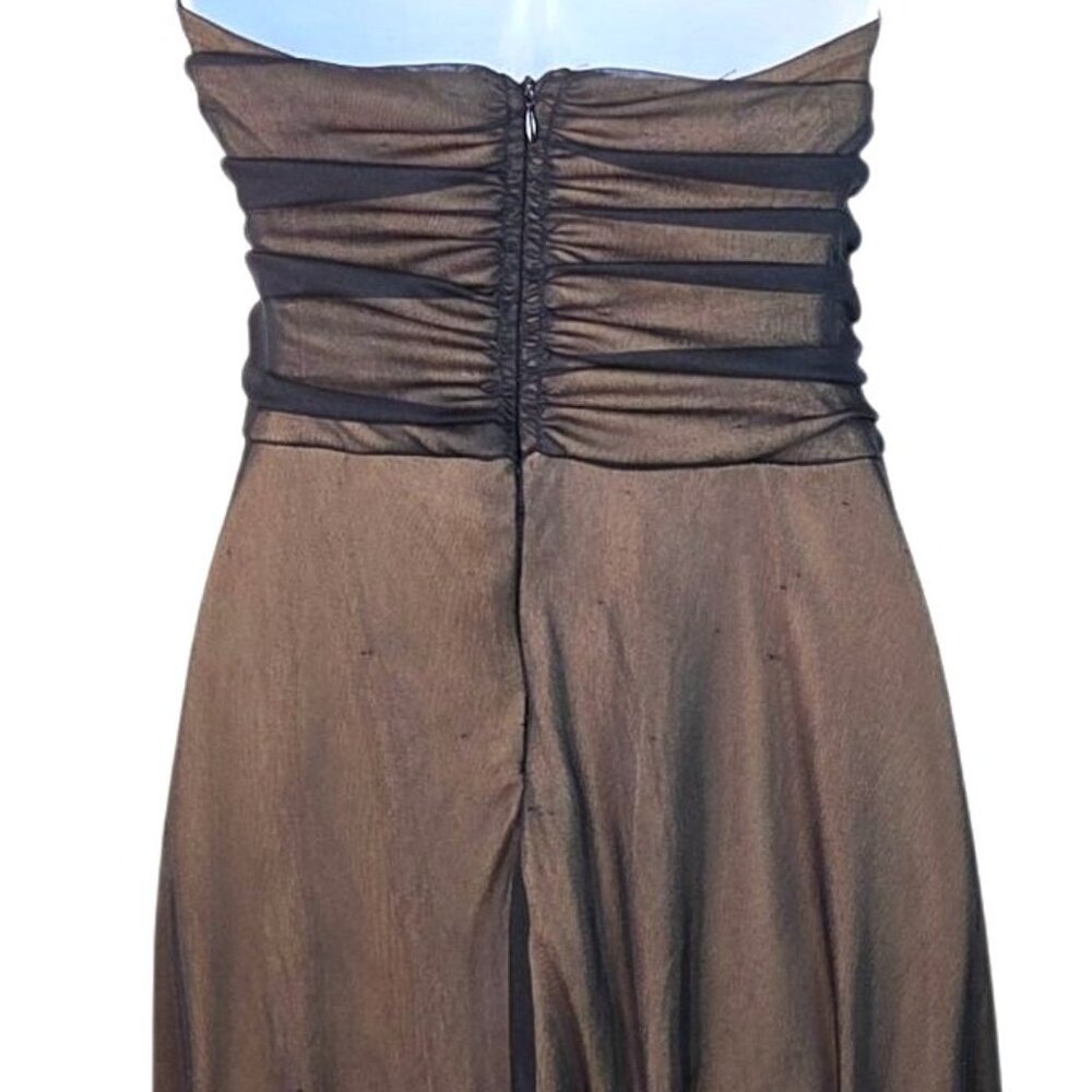 Connected Halter Maxi Chiffon Black Overlay Brown Formal Dress Size 12 Ruched - Picture 4 of 5